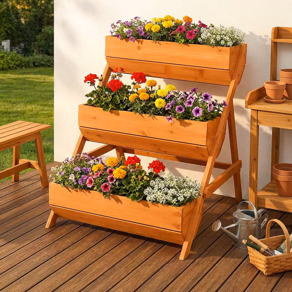 Living and Home 3-Tier Wooden Planter Box with Drainage Holes, Orange, W/D/H: 75.0 x 76.0 x 65.0 cm – 2