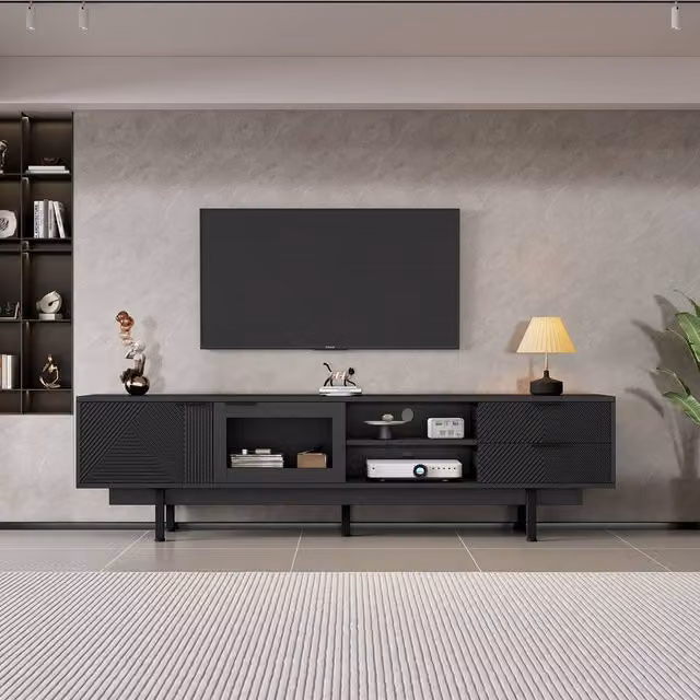Matteo Modern Minimalist TV Unit in Black Matt MDF with Integrated Channel and Media Compartments – 1