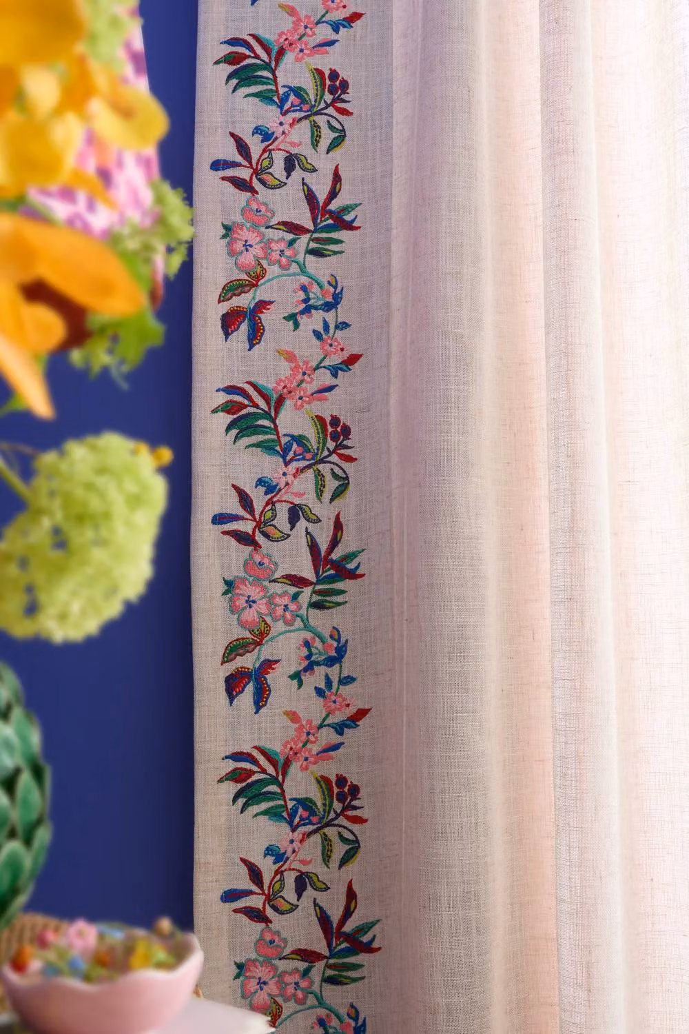 Sophie Robinson Flourish Floral Embroidered Tab Top Voile Curtain Panel, Multicolour, Width: 140 cm, Drop: 229 cm – 4