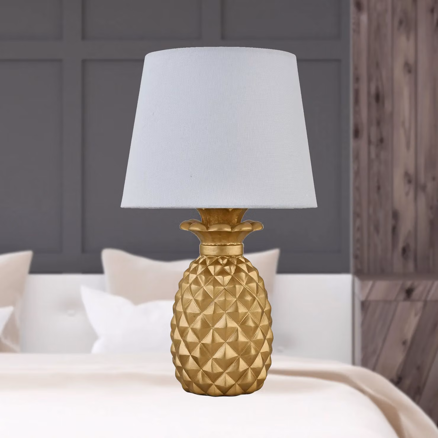 First Choice Lighting Pineapple Gold Resin Table Lamp with White Fabric Shade – 2