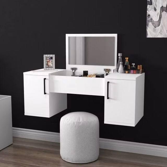 Destina Home Marie Wall-Mounted Makeup Table with Mirror, Shelves and Cabinets, White, W: 100 cm, D: 38.6 cm, H: 35.5 cm – 1