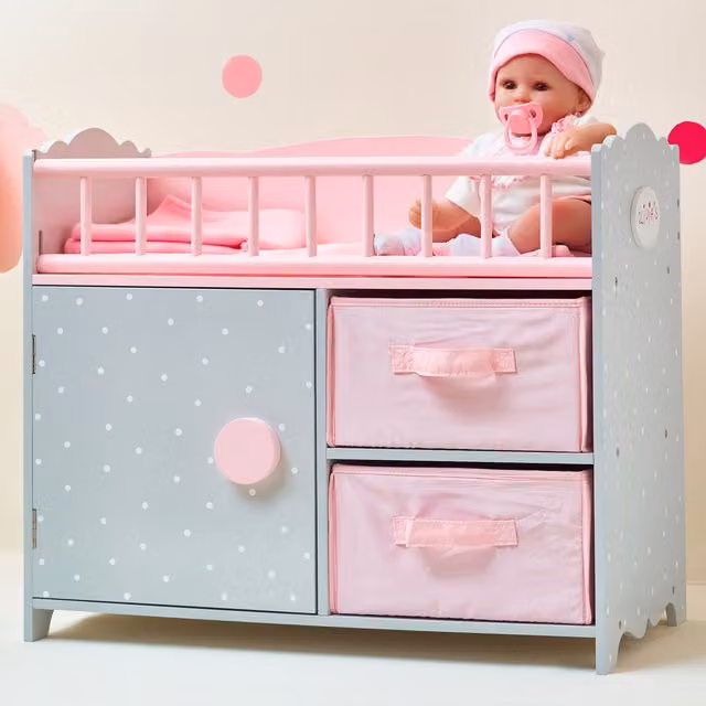 Olivia's Little World Polka Dots Princess Baby Doll Crib with Storage and Bedding in Pink and Grey
