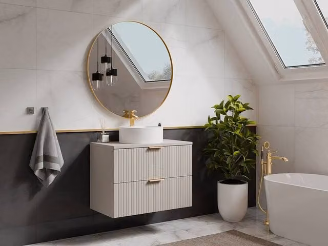 Vente-unique Striped Wall-Hung Bathroom Vanity Unit with Round Countertop Basin in Beige – 1