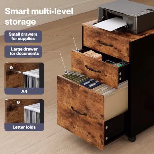 Levede 3 Drawer Slim Mobile Filing Cabinet in Brown with Castors for Home Office, W/D/H: 40.0 x 14.85 x 68.0 cm – 2