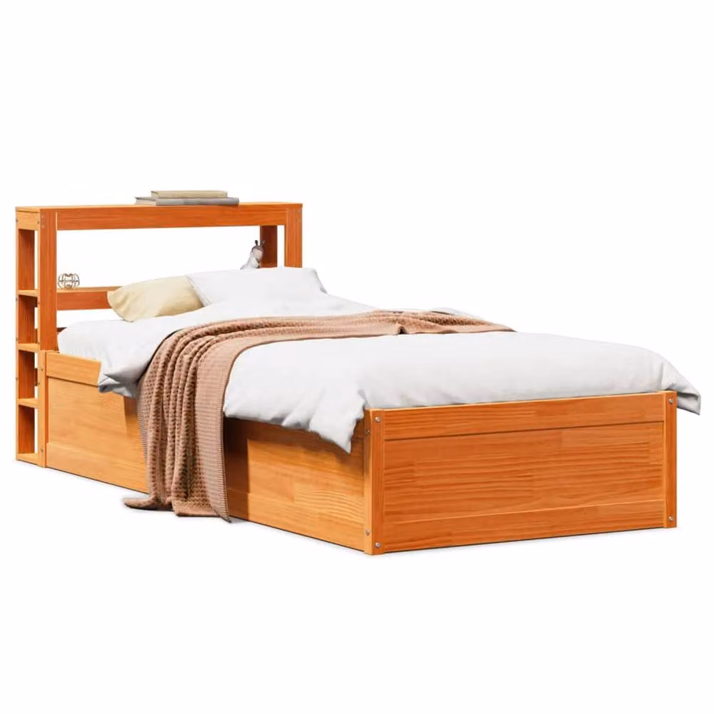 Berkfield Home Small Single Solid Wood Bed Frame with Headboard and Bedside Shelves, Wax Brown, W: 75 cm, L: 190 cm – 2