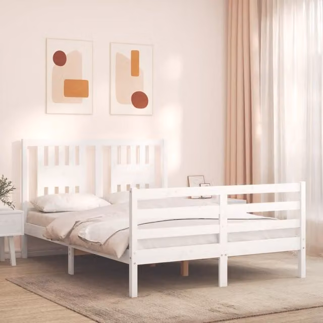 Berkfield Home White Solid Pine Wood Bed Frame with Headboard W/D/H: 140 x 190 cm