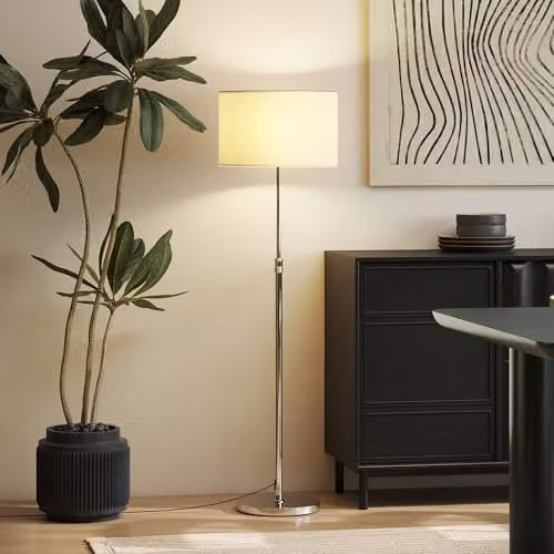 HOMCOM Silver Floor Lamp with Remote Control, Height Adjustable and Dimmable with Fabric Shade – 4