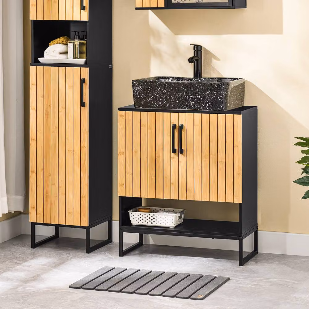 SoBuy Modern Under Sink Bathroom Cabinet with Natural Bamboo Hinged Doors and Black Metal Frame – 5