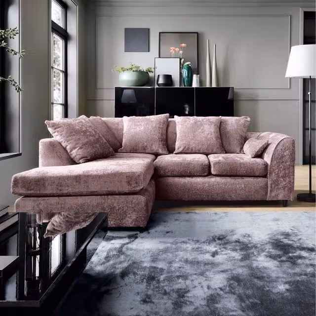 Abakus Direct Harriet Left Facing Corner Sofa in Pink Crushed Chenille Fabric with Scatter Cushions