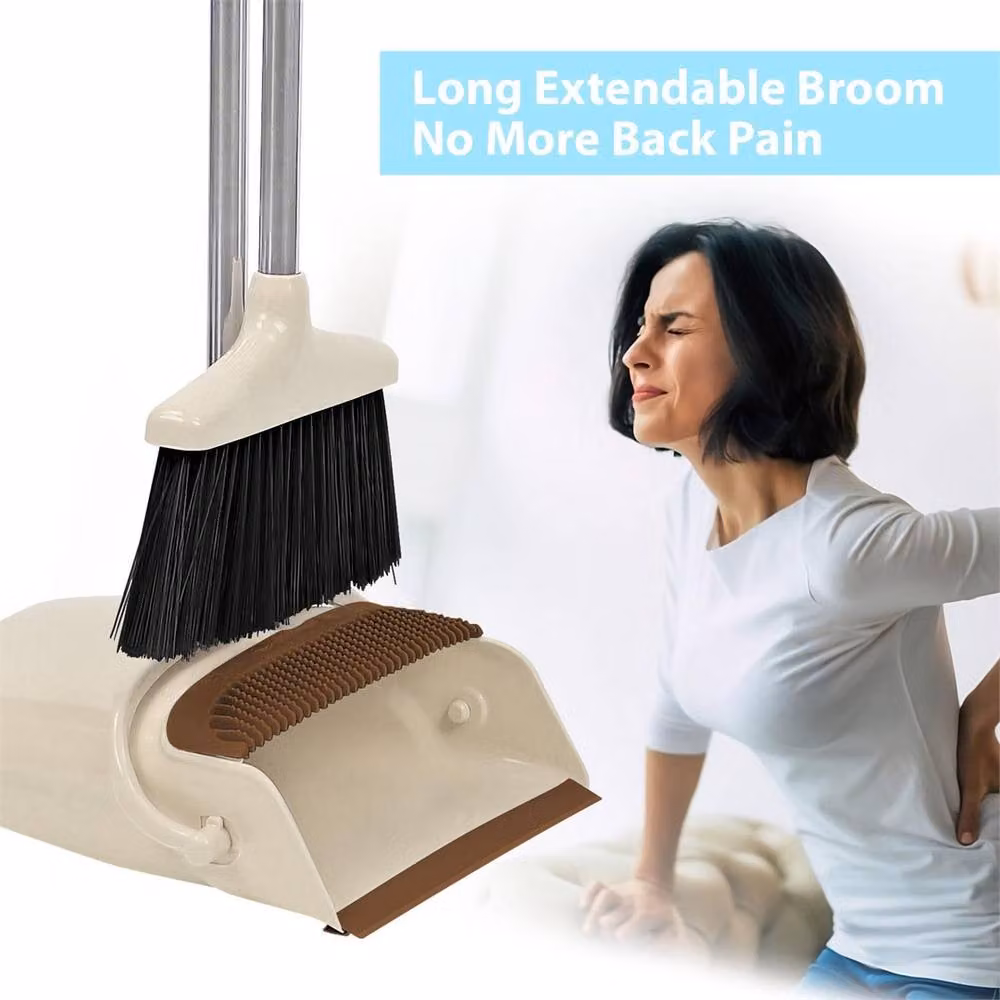 PAWNORA Long Handled Dustpan and Brush Set with Telescopic Handle in Beige and Brown – 3