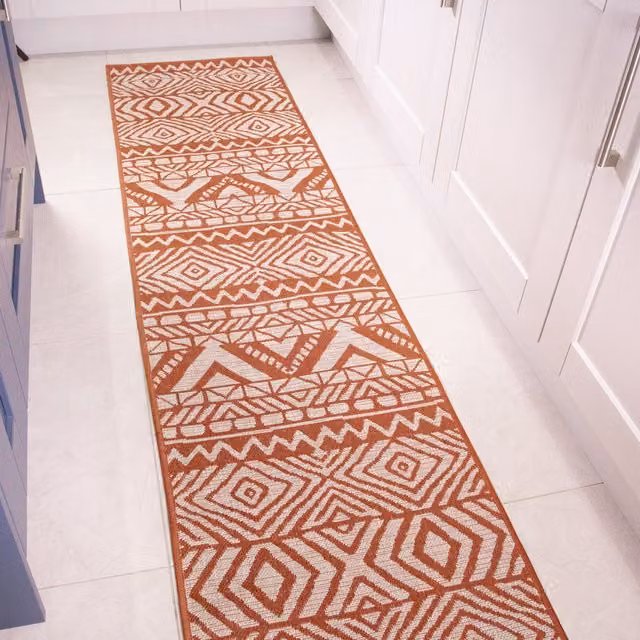 The Rug House Orange Aztec Tribal Flatweave Indoor Outdoor Rug, W: 240 cm, D: 60 cm