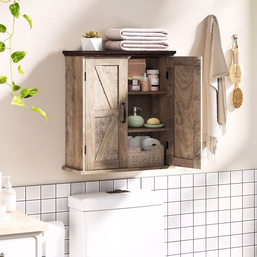 EONLION Brown Rustic Farmhouse Wall Mounted Bathroom and Kitchen Medicine Cabinet with Hinged Doors and Internal Shelves – 5