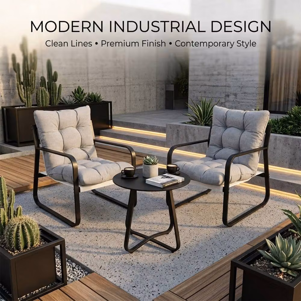 Alivio 3-Piece Modern Metal Outdoor Patio Bistro Set in Grey and Black – 3