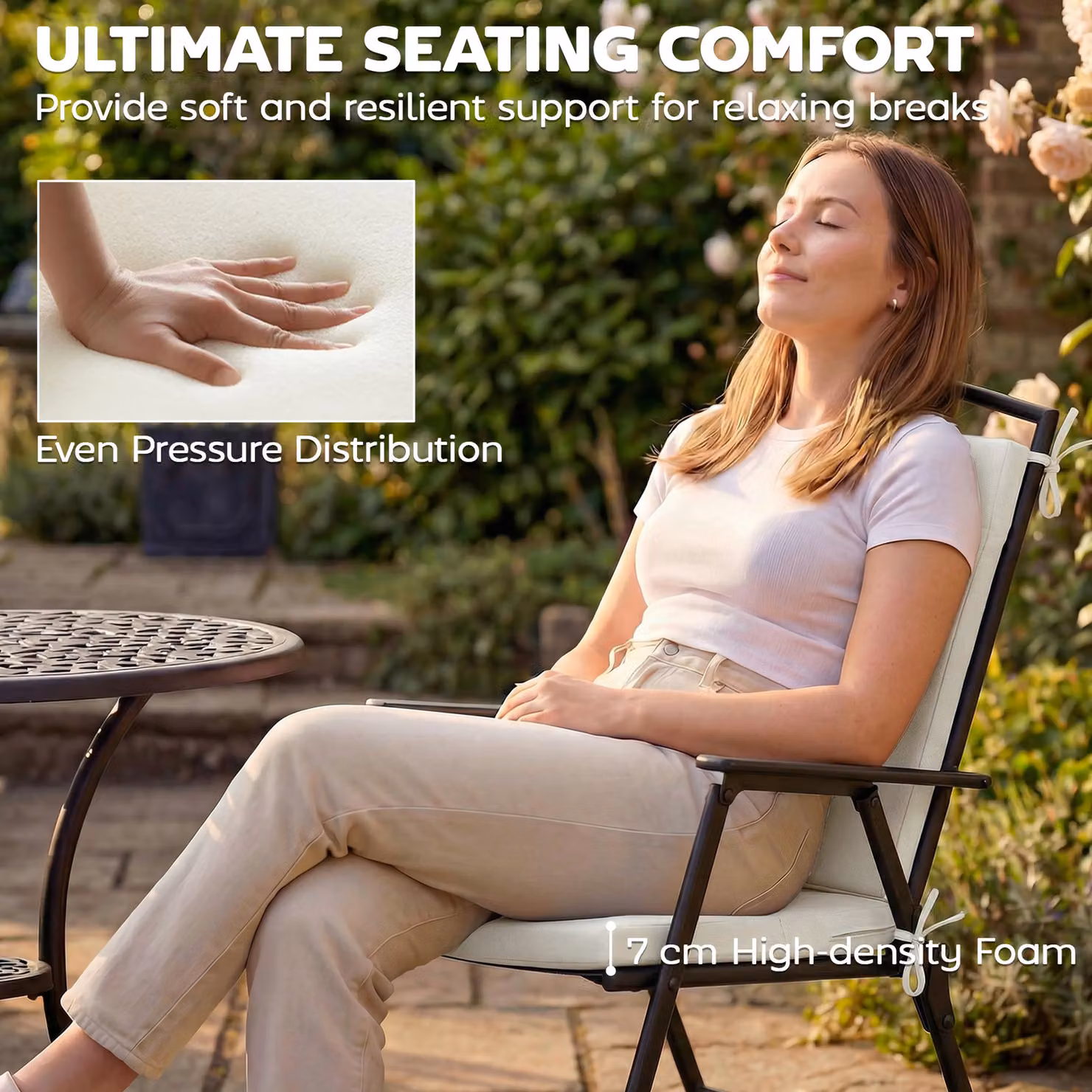 Outsunny Set of 2 Waterproof Outdoor Seat Cushions with Ties, Cream White Rectangular Foam Garden Seat Pads with Removable Washable Covers – 2