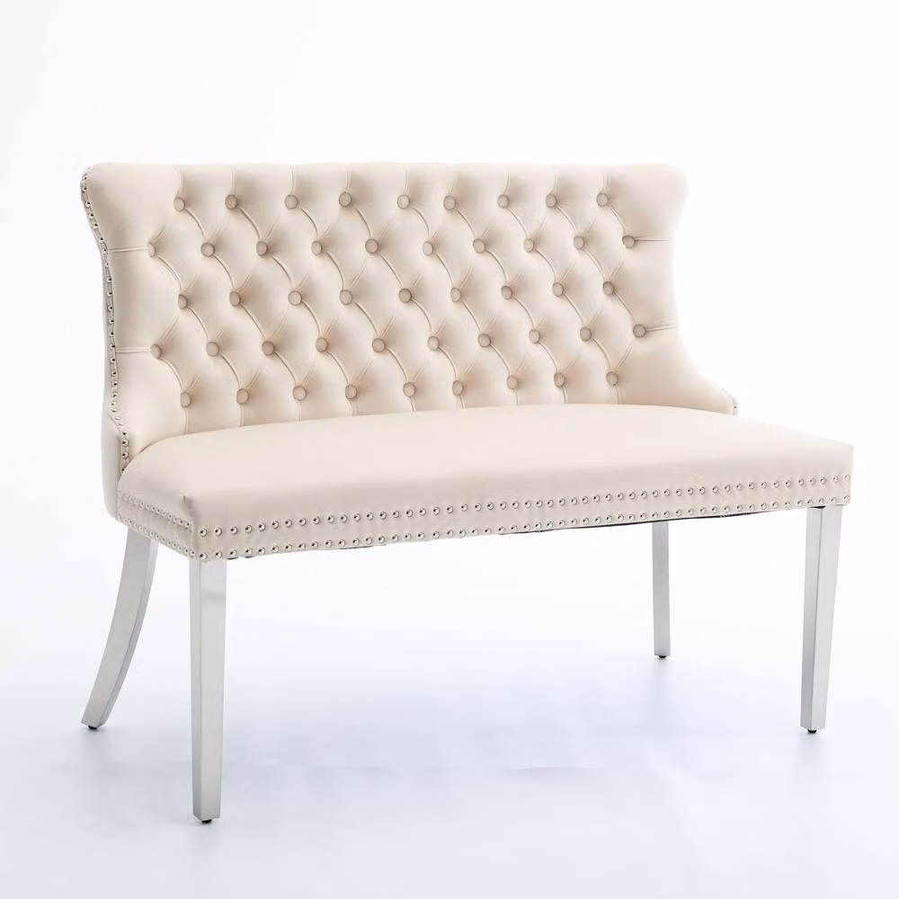 HomeTouch Velvet Double Dining Bench Loveseat with Chrome Steel Legs in Beige – 2