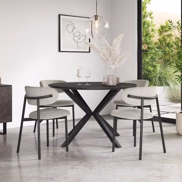 More4Homes Calne Round Ceramic Dining Table and 6 Myla Linen Chairs in Grey and Black, Diameter: 120 cm, Height: 75 cm