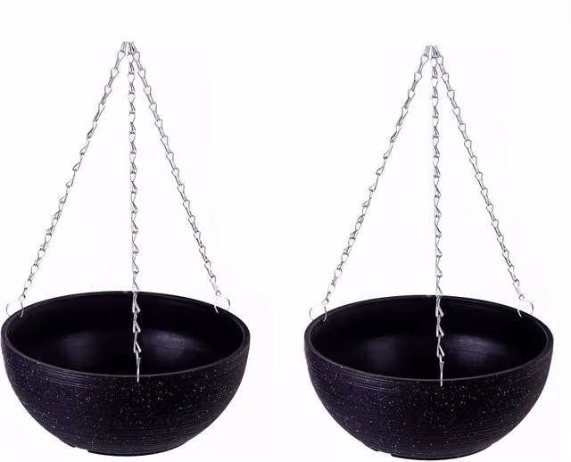 Garden Gear Black Flecked Stone Effect Plastic Hanging Basket Planter, Diameter: 35 cm, Pack of 2