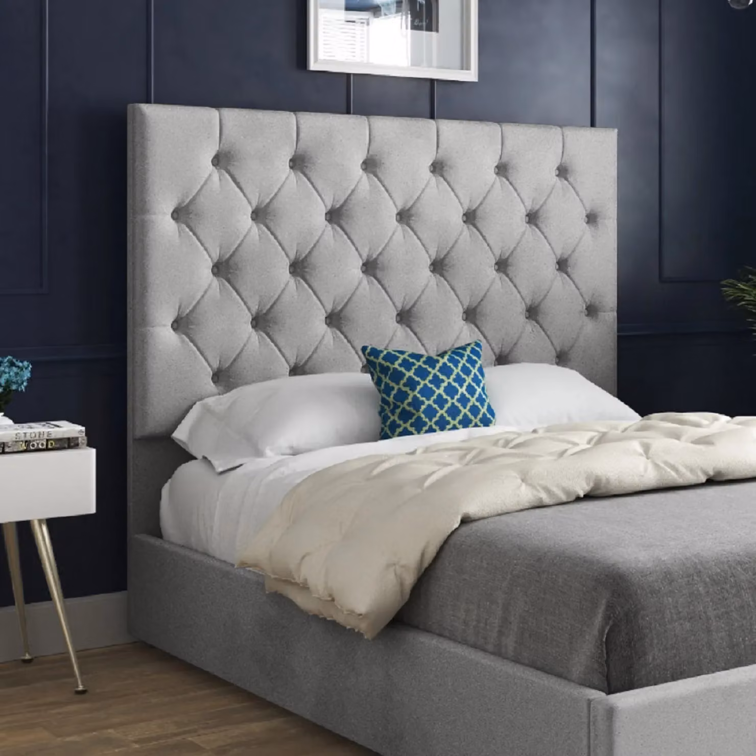 KDMD Alma Chesterfield Upholstered Velvet Bed Frame in Grey, W/D/H: 120 x 200 cm – 2
