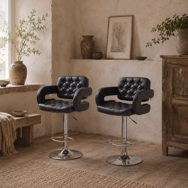 Wyld Haus Hafi Rino Set of 2 Adjustable Swivel Bar Stools in Black Faux Leather – 1