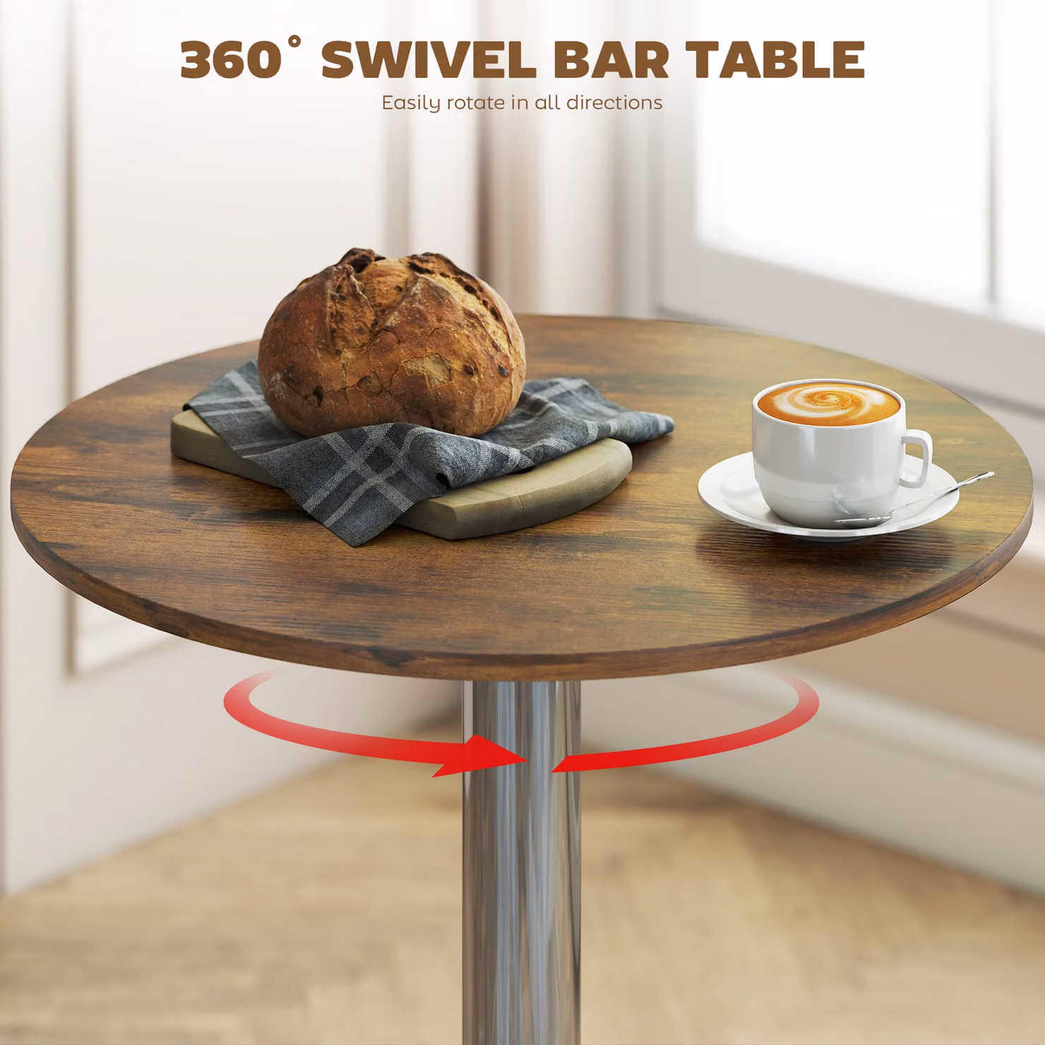 HOMCOM Round Bar Table with 360 Degree Rotating Top and Adjustable Height in Rustic Brown – 3