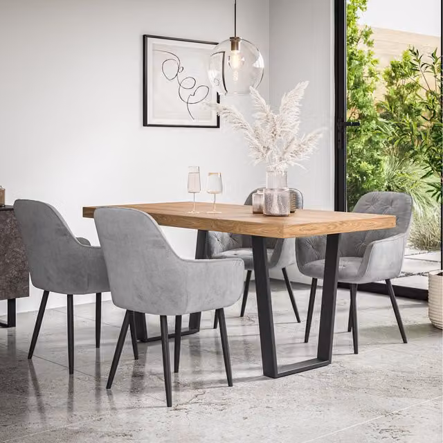 More4Homes Aria Oak Effect Dining Table with 4 Grey Anika Velvet Chairs