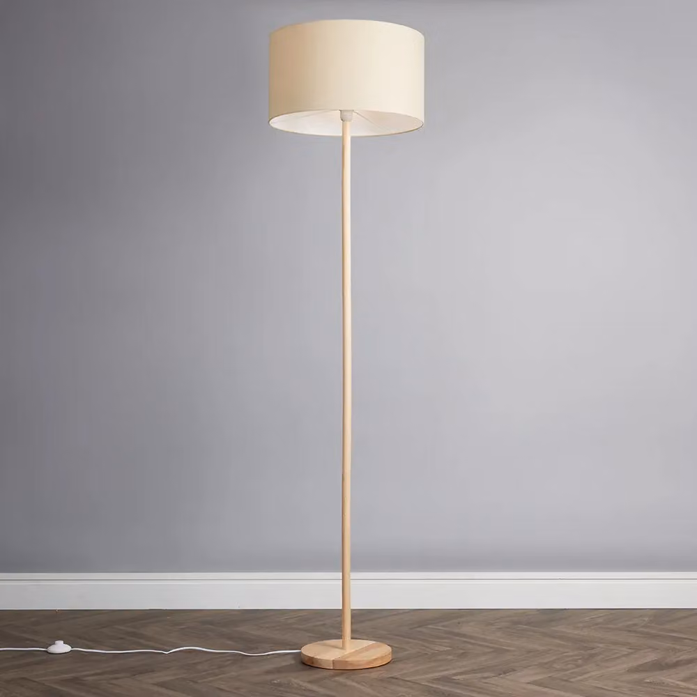 ValueLights Scandinavian Wood Floor Lamp with Beige Fabric Cylinder Shade – 2