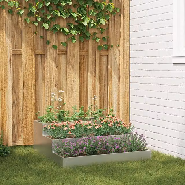 Berkfield Home 3-Tier Galvanised Steel Garden Planter in Grey, W/D/H: 90 x 90 x 35 cm