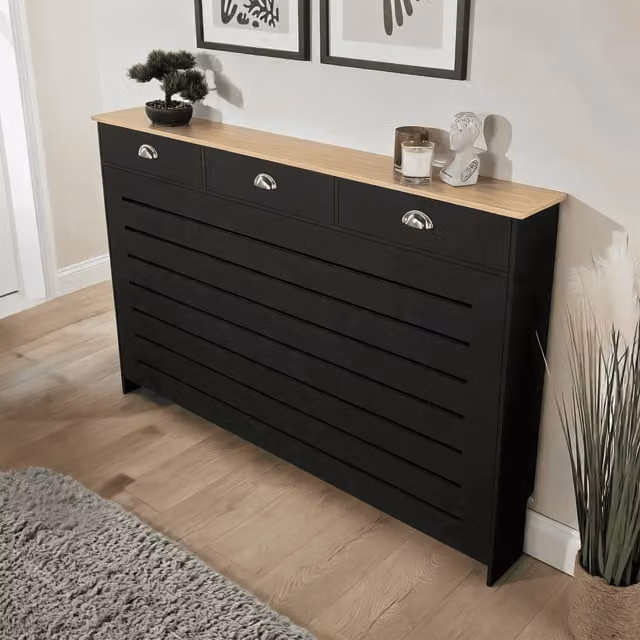 Home Source Batley Radiator Cover with Oak Effect Top and Storage Drawers, Black/Oak, W: 150 cm, H: 96 cm, D: 19 cm