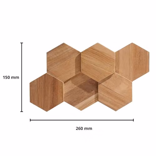Wallsupply UltraWood Hexagon Solid Teak Wood Wall Cladding 3D Interlocking Tiles, Brown, 10pcs, 0.38m² – 2