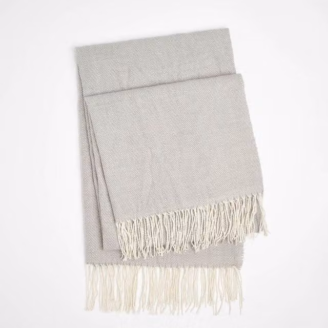 Highams Silver Grey Herringbone Chevron Knit Mohair Soft Throw with Fringes