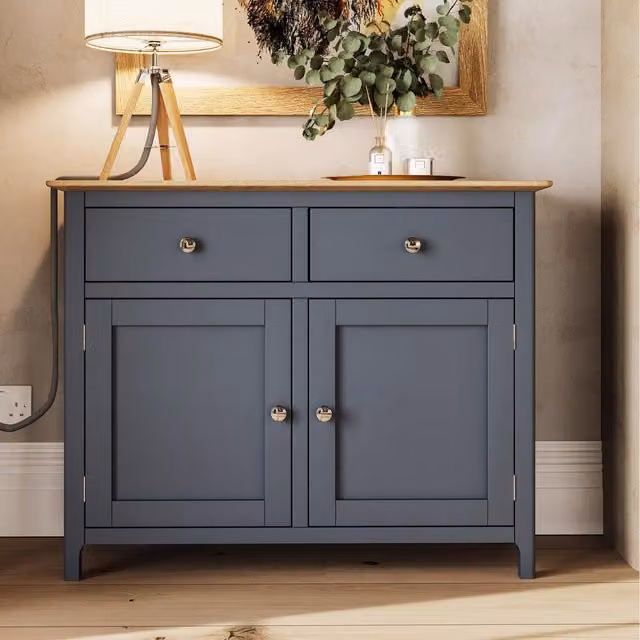 FWStyle Modern Graphite Blue Painted Sideboard with 2 Doors, 2 Drawers and Oak Effect Top