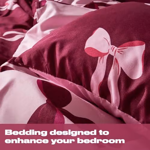 OHS Reversible Microfibre Bow Bedding Set with Duvet Cover and Pillowcase, Pink and Red, W/D/H: 200 x 200 x 200 cm – 4