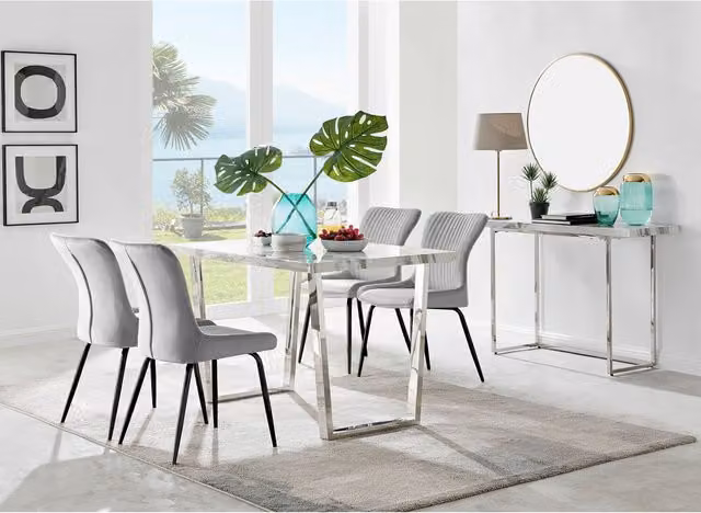 FurnitureboxUK Kylo White Marble Effect Rectangular Dining Table and 4 Nora Black Leg Chairs in Light Grey