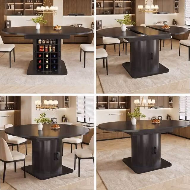 BTM Extendable Folding Kitchen Dining Table with Wine Rack Storage, Black, W/D/H: 118 x 76 x 76 cm – 1