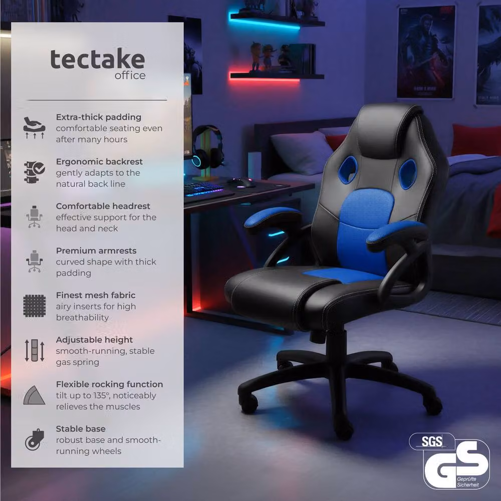 tectake Mike Gaming Chair in Blue with Synthetic Leather and Fabric Finish – 2