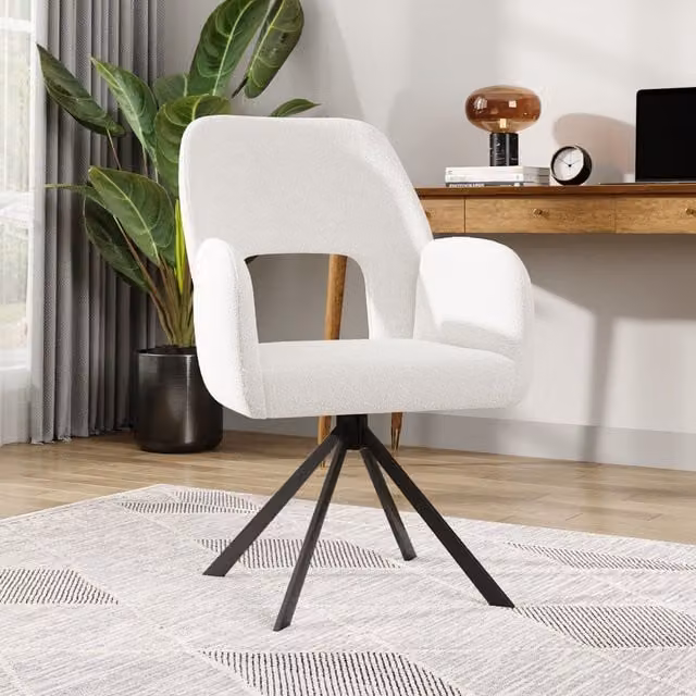 Komore Modern White Fabric Cushioned Swivel Chair with Metal Legs