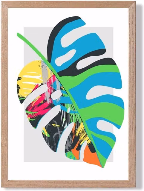 ARTZE Monstera Blue and Green Abstract Minimalist Framed Print with Oak Frame, A2
