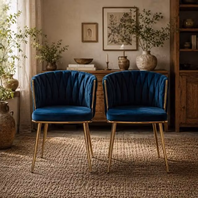 Wyld Haus Sosura Set of 2 Blue Velvet Dining Chairs with Gold Metal Legs