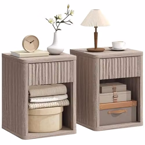 HOMCOM Set of 2 Modern Nightstands with Drawer and Open Shelf, Oak and Grey – 1
