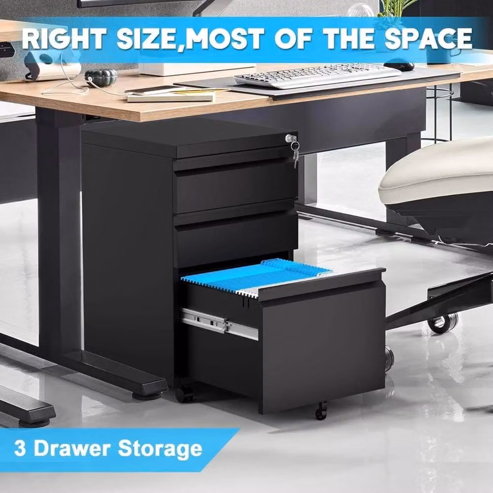 VOGREX 3 Drawer Lockable Mobile Under Desk Filing Cabinet in Black – 6