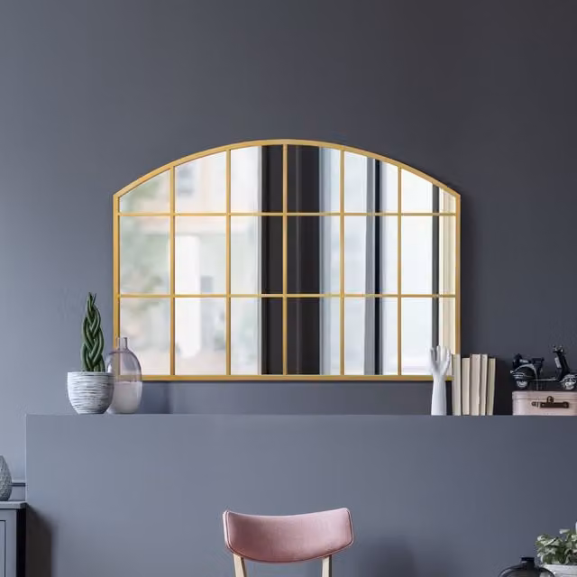 MirrorOutlet Arcus Overmantle Window Framed Arched Wall Mirror in Gold, Width: 75 cm