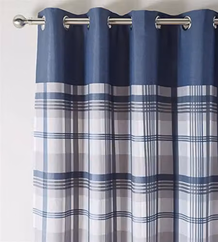 Portfolio Home Orleans Blue Tartan Check Modern Eyelet Ring Top Curtain Pair – 2