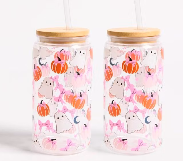 OHS 2 Pack Pink Transparent Plastic Halloween Tumbler Cups with Bamboo Lids, 600ml