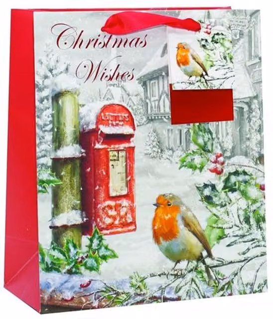 Kingsbury Gifts Medium Traditional Postbox Christmas Paper Gift Bags in Red and Multicolour