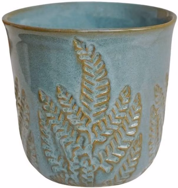 Lemon Pavilion Furniture and Decor Kew Embossed Fern Ceramic Tabletop Planter, Petrol, W: 22.5 cm, D: 22.5 cm, H: 21.5 cm