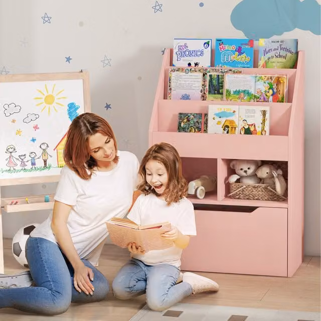HOMCOM Kids Bookshelf with Storage Drawer and Wheels, Pink