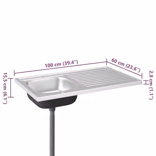 vidaXL Reversible Stainless Steel Kitchen Sink with Drainer Set, Silver, W/D/H: 100 x 60 x 15.5 cm – 1