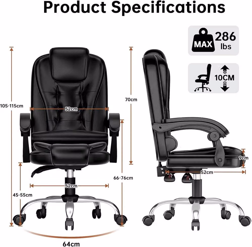 Gartistgo Executive High Back Ergonomic PU Leather Office Chair with Footrest and Headrest in Black – 3