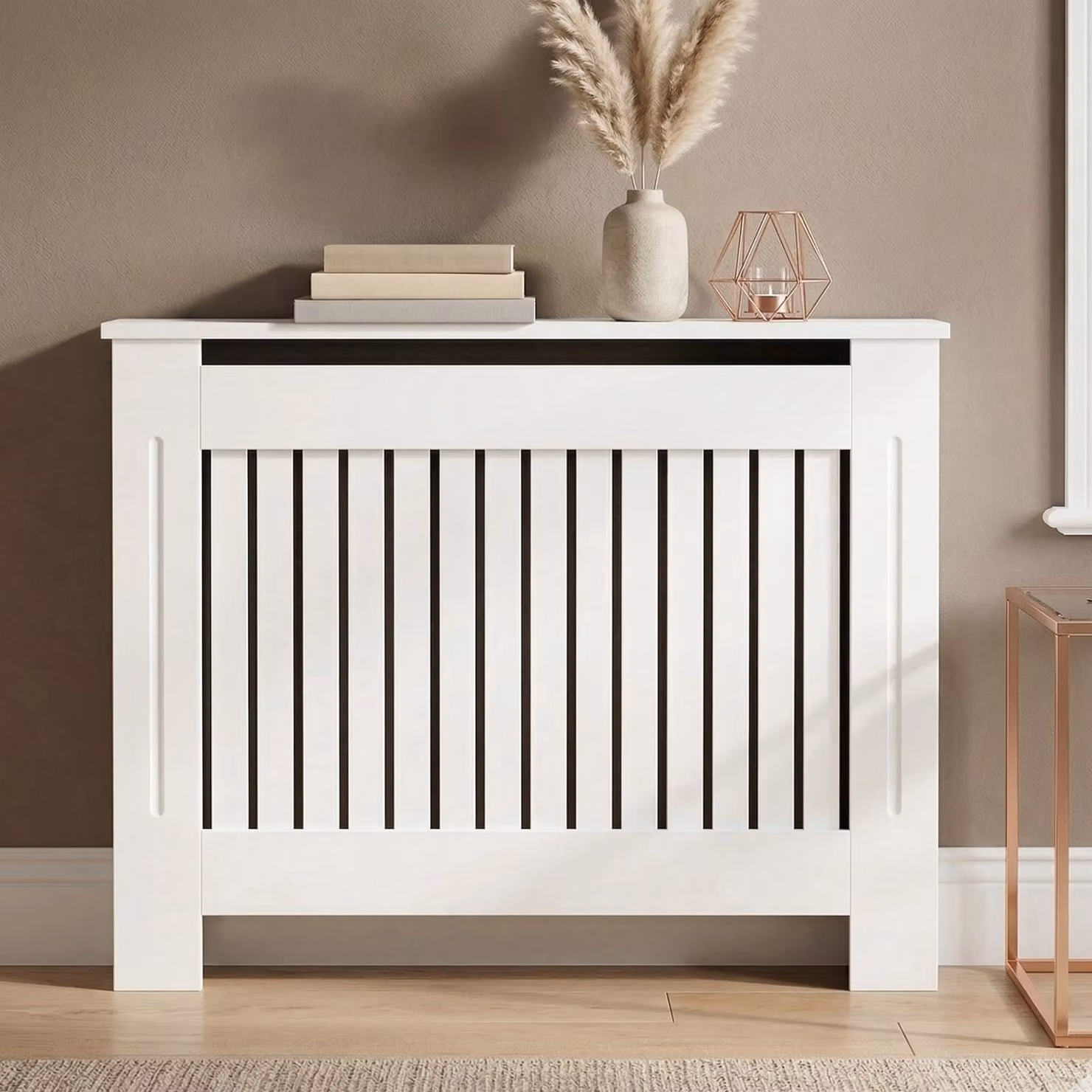 DHS Chelsea White Radiator Cover with Vertical Wooden Slats, Medium