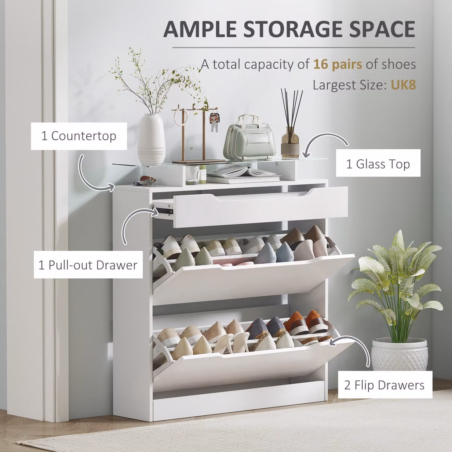 HOMCOM White High Gloss Shoe Cabinet with Glass Top and 3 Tilting Drawers, 14 Pair Capacity – 2